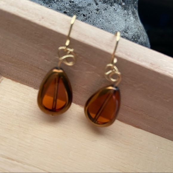 Shiny Brown Teardrop Dangle Earrings with Gold Wires - Picture 9 of 9